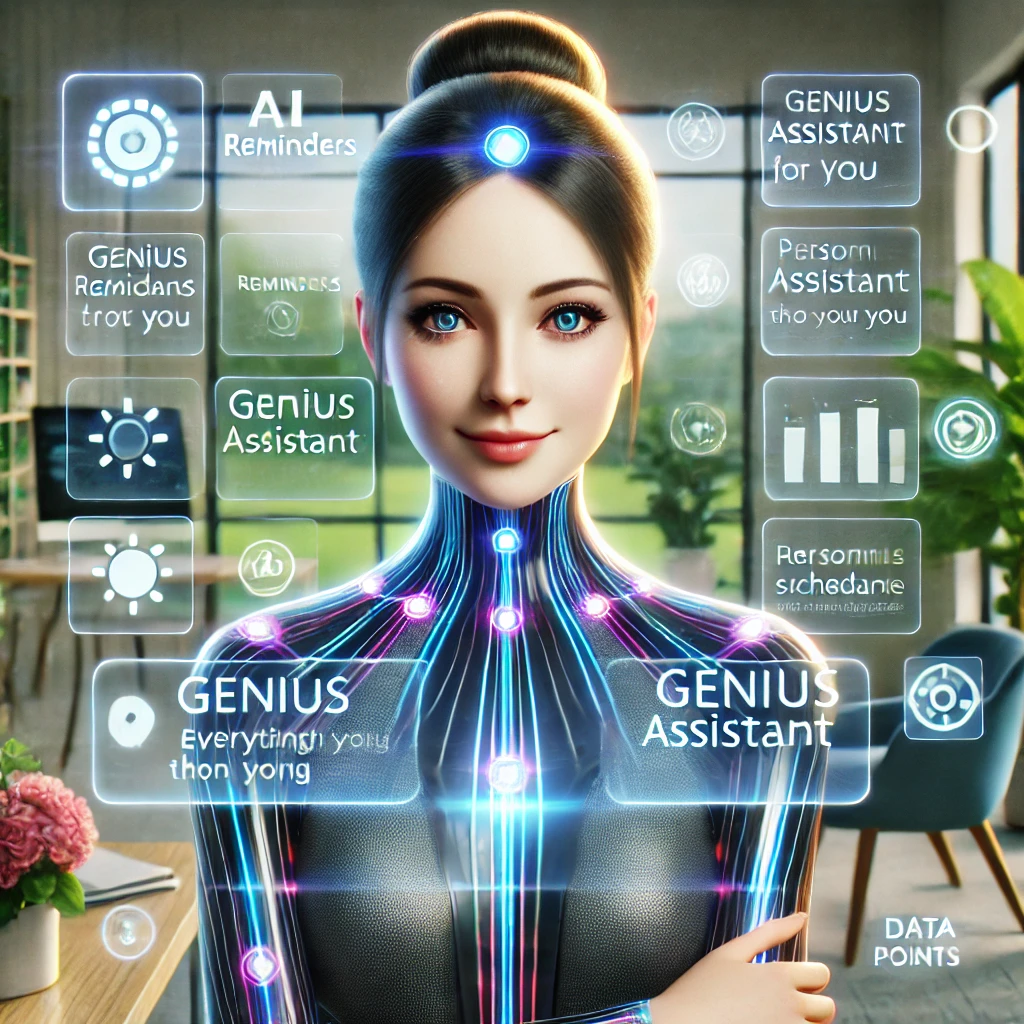 DALL·E 2024 10 13 10.45.13 A vibrant friendly and highly intelligent woman AI with a human like face designed as a Genius Assistant who knows everything about you. She is sur AI SERVICES