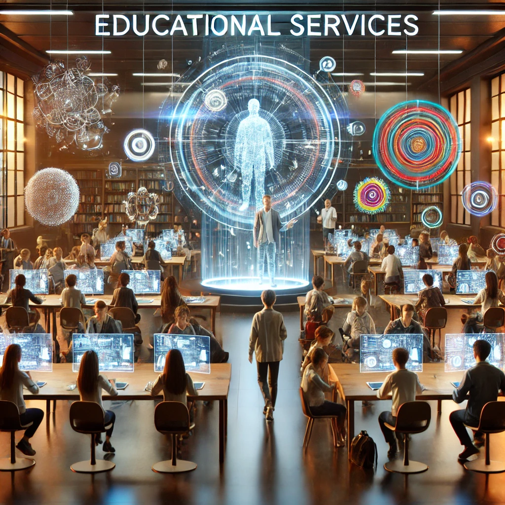 DALL·E 2025 01 24 10.45.29 A futuristic yet human centered classroom focused on educational services. The image features a diverse group of students and a teacher in a high tech AI Educational Services