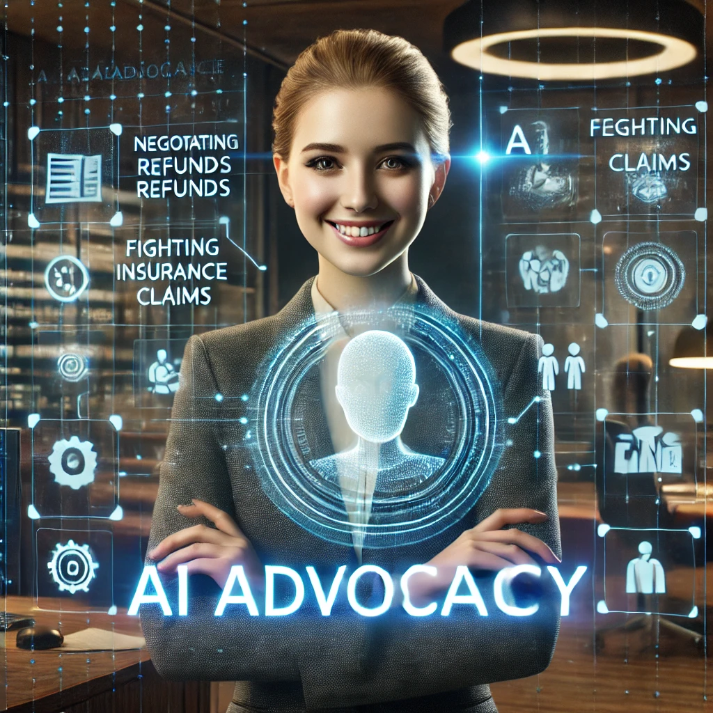 DALL·E 2025 01 24 11.01.40 A futuristic yet human centered representation of AI Advocacy Services. The image features a friendly and confident AI powered assistant with a warm s AI Advocate Services